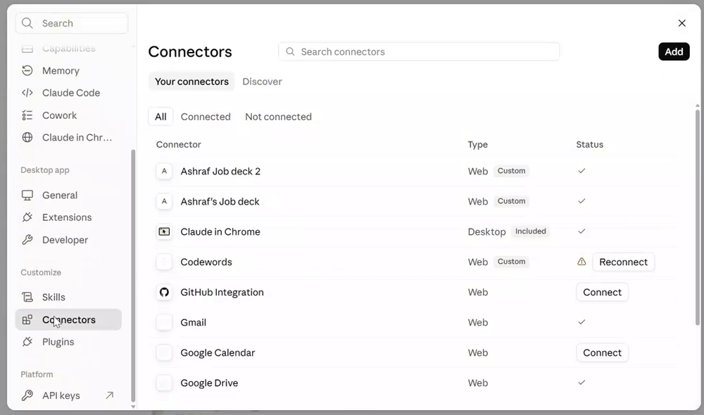 The Connectors screen in Claude Cowork settings, listing existing
                    connectors, with the Add button in the top right.