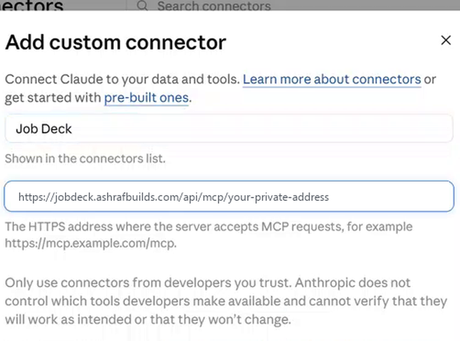 The Add custom connector dialog in Claude Cowork, with Name set to
                    Job Deck and the MCP server URL filled in, and a Continue button.